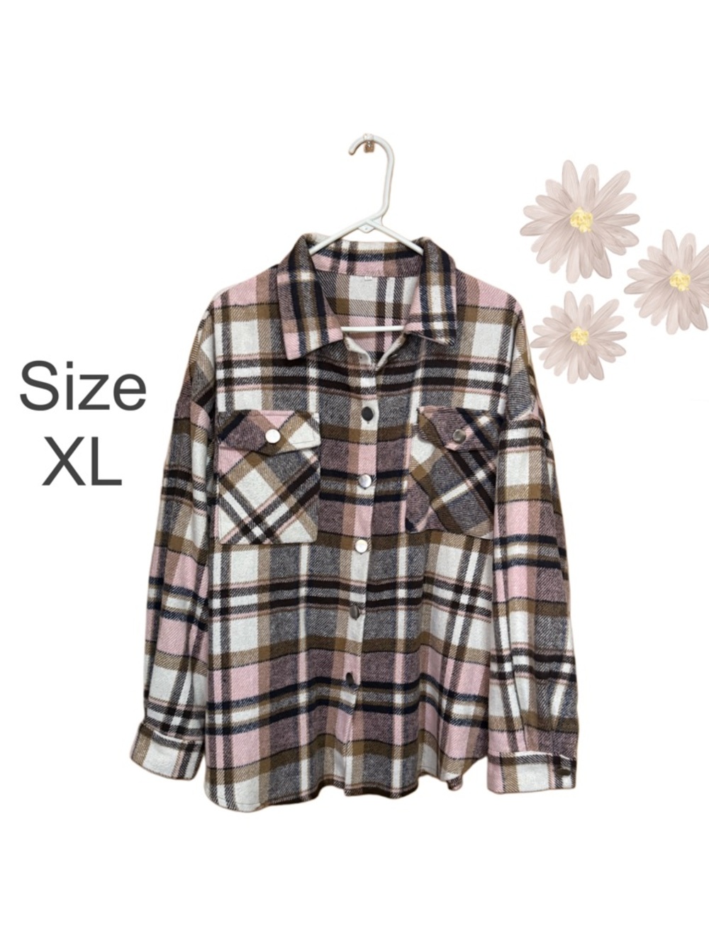🩷🤎🩶 Oversized Flannel Shacket XL Soft Plaid Tunic Button Down Boho Layer 🩶🤎🩷